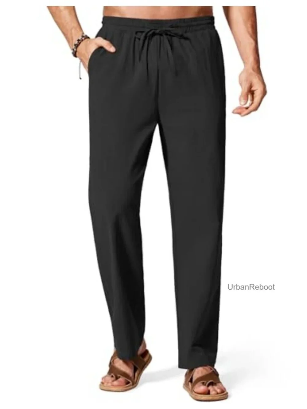 Men's Cotton Linen Drawstring Pants Lightweight Casual Summer Beach Trousers